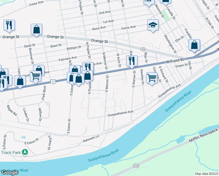 map of restaurants, bars, coffee shops, grocery stores, and more near 202 S Mercer St in Berwick