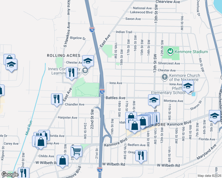 map of restaurants, bars, coffee shops, grocery stores, and more near 2064 19th Street Southwest in Akron