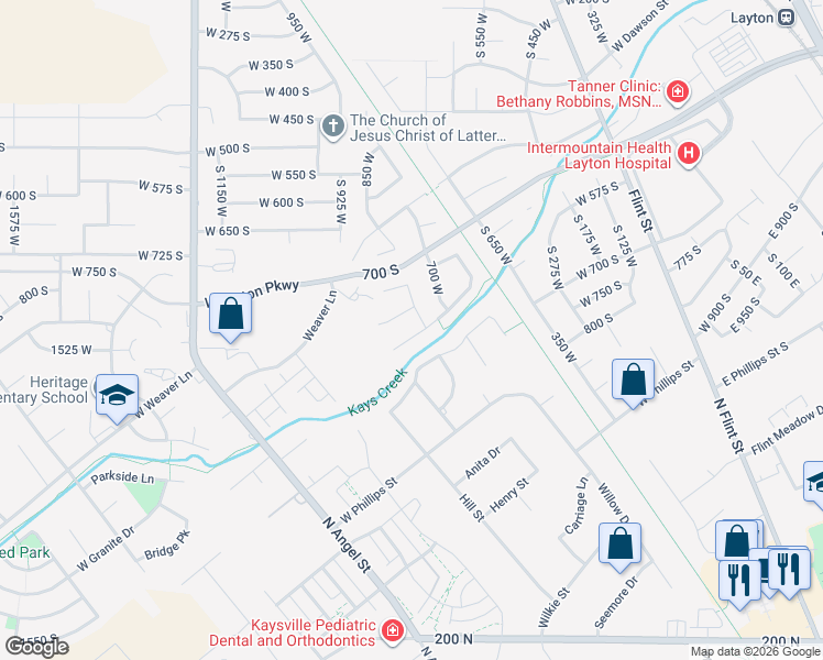 map of restaurants, bars, coffee shops, grocery stores, and more near 752 850 South in Layton