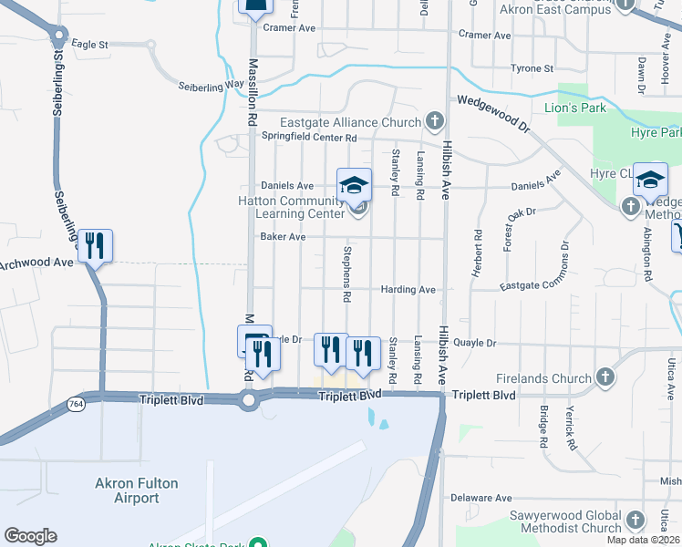 map of restaurants, bars, coffee shops, grocery stores, and more near 513 Fulmer Avenue in Akron