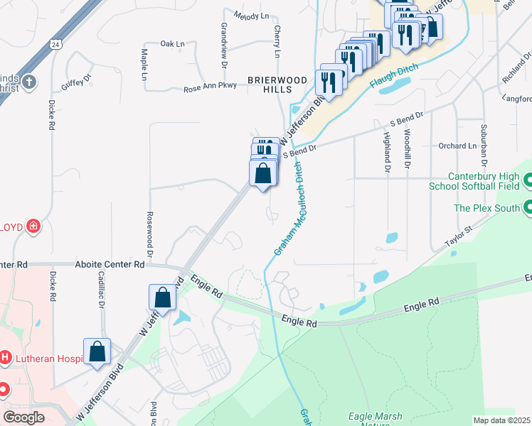 map of restaurants, bars, coffee shops, grocery stores, and more near 7127 West Jefferson Boulevard in Fort Wayne
