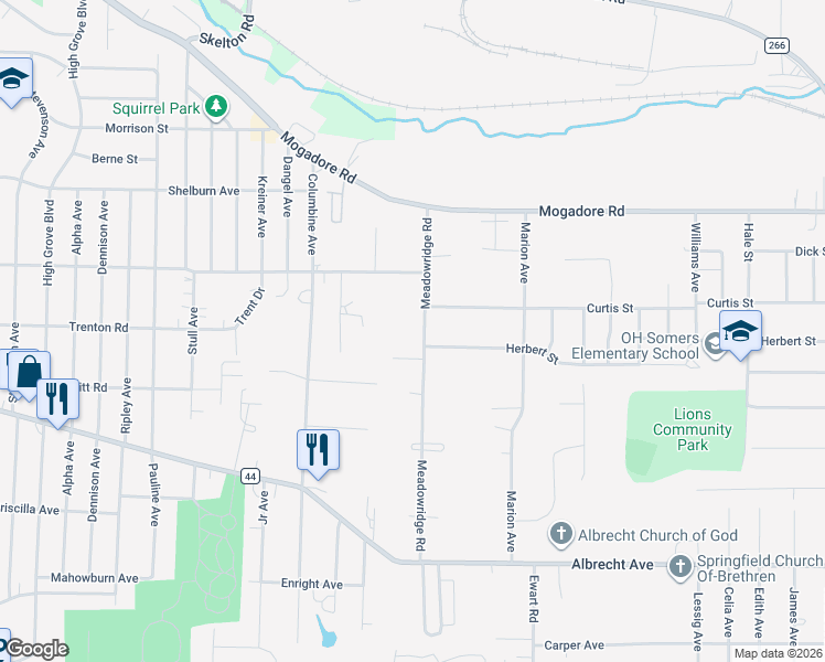 map of restaurants, bars, coffee shops, grocery stores, and more near 121 Meadowridge Road in Mogadore