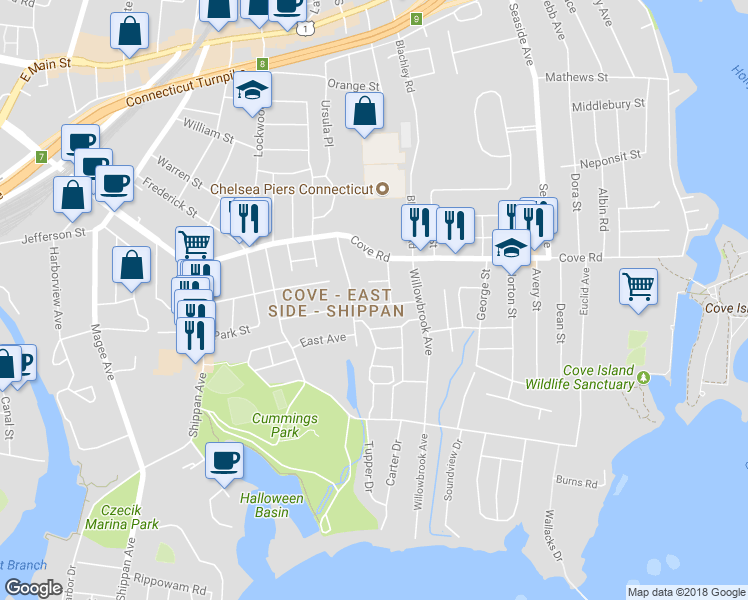 map of restaurants, bars, coffee shops, grocery stores, and more near 35 Caldwell Avenue in Stamford