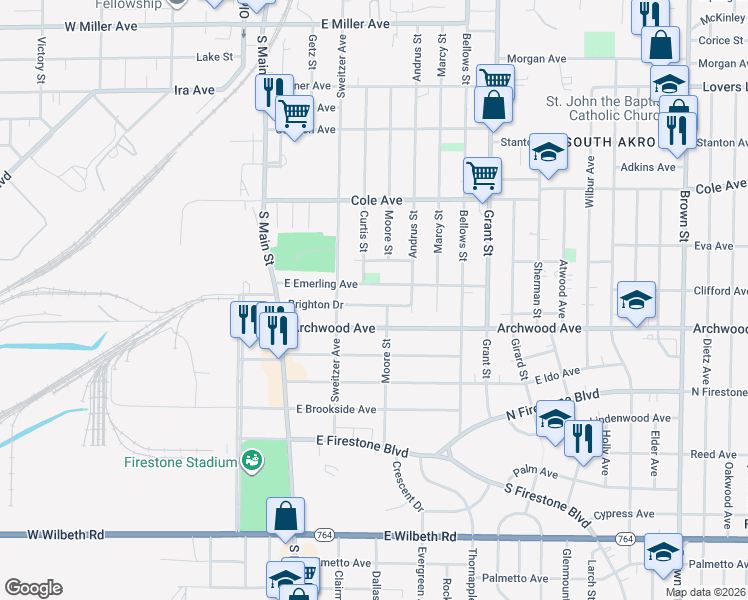 map of restaurants, bars, coffee shops, grocery stores, and more near 111 Brighton Drive in Akron