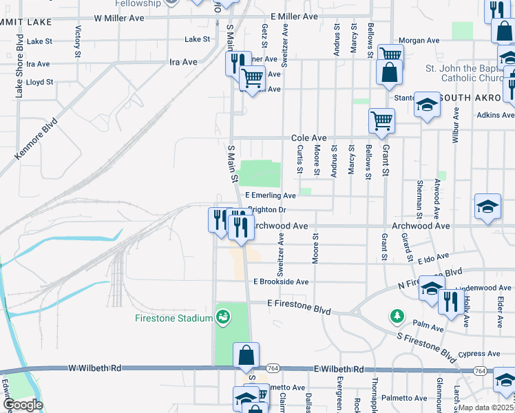 map of restaurants, bars, coffee shops, grocery stores, and more near 25 Brighton Drive in Akron