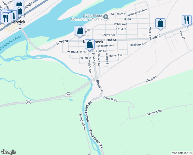map of restaurants, bars, coffee shops, grocery stores, and more near Mifflin Road in Nescopeck