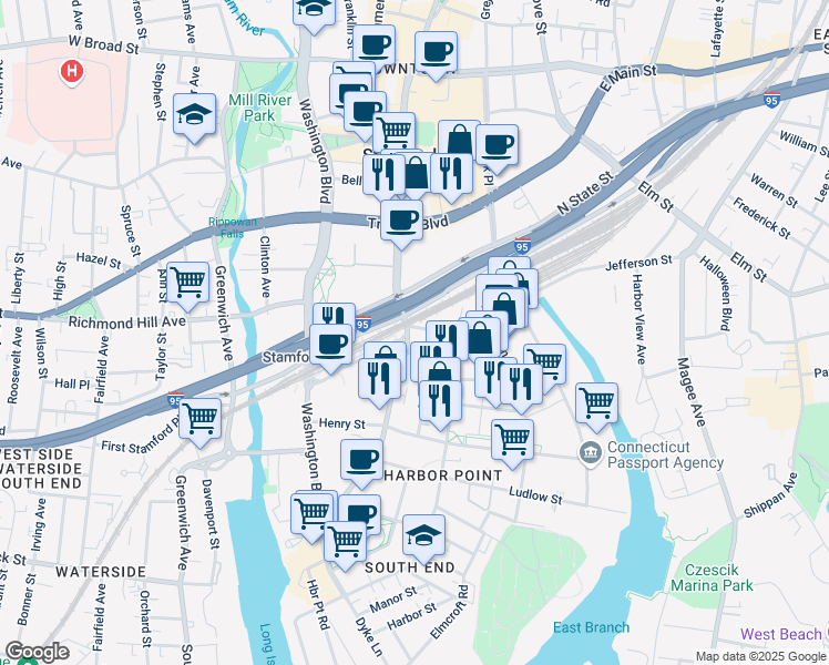 map of restaurants, bars, coffee shops, grocery stores, and more near 13 Manhattan Street in Stamford