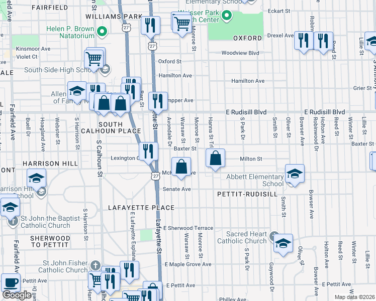 map of restaurants, bars, coffee shops, grocery stores, and more near 538 Baxter Street in Fort Wayne