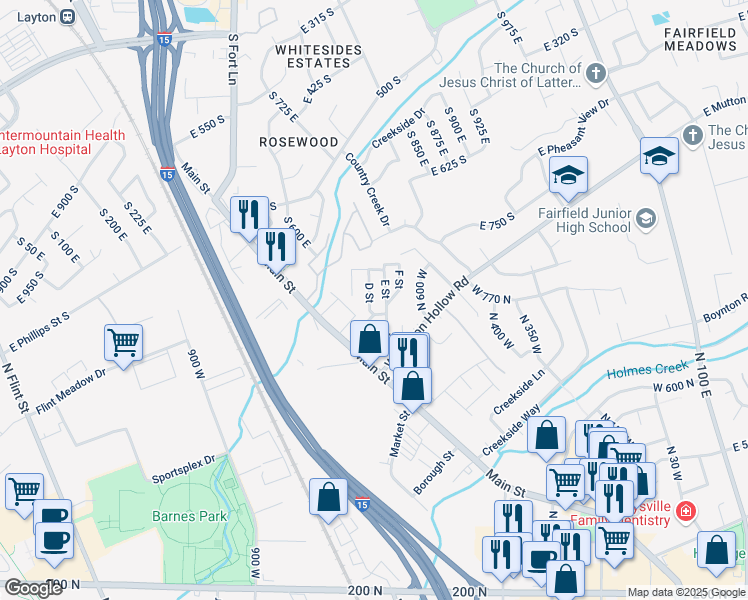 map of restaurants, bars, coffee shops, grocery stores, and more near 2 F Street in Kaysville