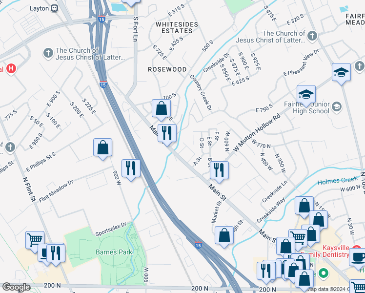 map of restaurants, bars, coffee shops, grocery stores, and more near 891 South Main Street in Layton