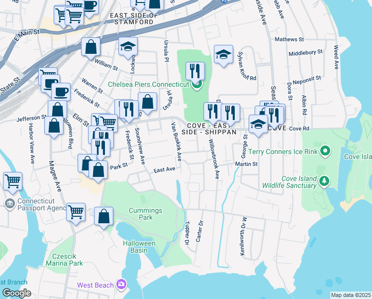 map of restaurants, bars, coffee shops, grocery stores, and more near 35 Caldwell Avenue in Stamford