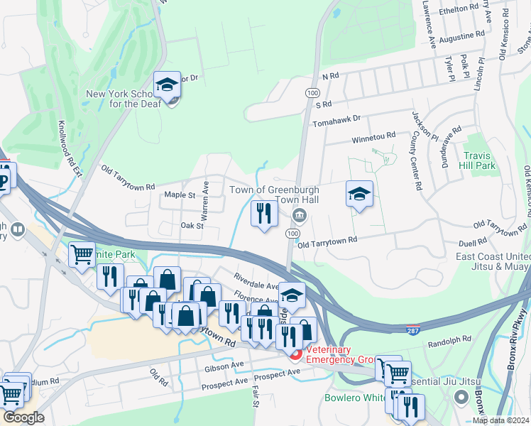 map of restaurants, bars, coffee shops, grocery stores, and more near 100 Hillside Avenue in White Plains