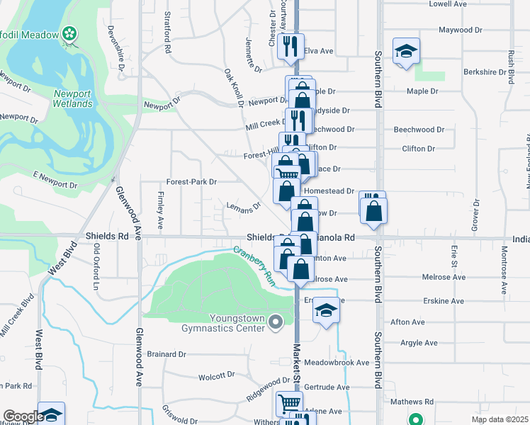 map of restaurants, bars, coffee shops, grocery stores, and more near 4950 Brookwood Road in Boardman