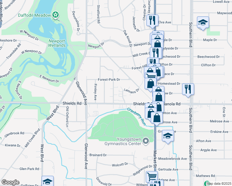 map of restaurants, bars, coffee shops, grocery stores, and more near 5034 Aravesta Avenue in Youngstown
