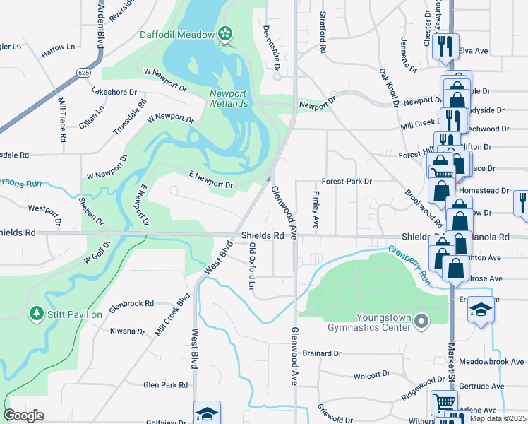 map of restaurants, bars, coffee shops, grocery stores, and more near 5116 Allen Drive in Youngstown