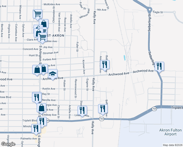 map of restaurants, bars, coffee shops, grocery stores, and more near in Akron