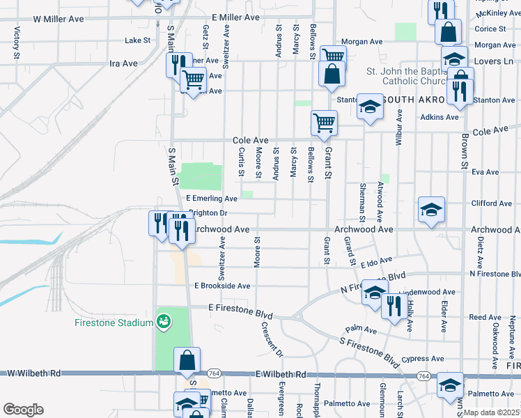 map of restaurants, bars, coffee shops, grocery stores, and more near 151 Brighton Drive in Akron