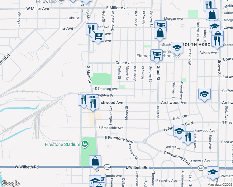 map of restaurants, bars, coffee shops, grocery stores, and more near 71 Brighton Drive in Akron