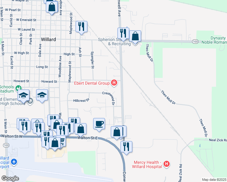 map of restaurants, bars, coffee shops, grocery stores, and more near 109 Crestwood Drive in Willard