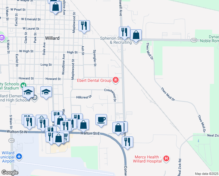 map of restaurants, bars, coffee shops, grocery stores, and more near 109 Crestwood Drive in Willard