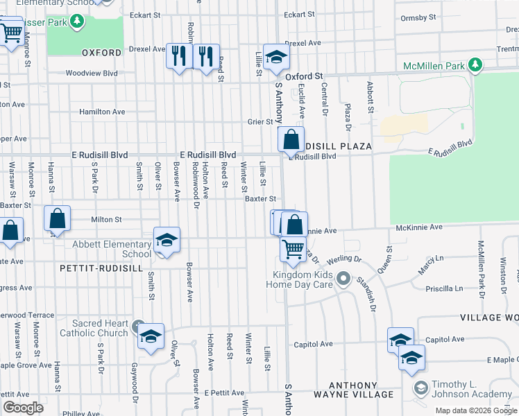 map of restaurants, bars, coffee shops, grocery stores, and more near 4117 Lillie Street in Fort Wayne