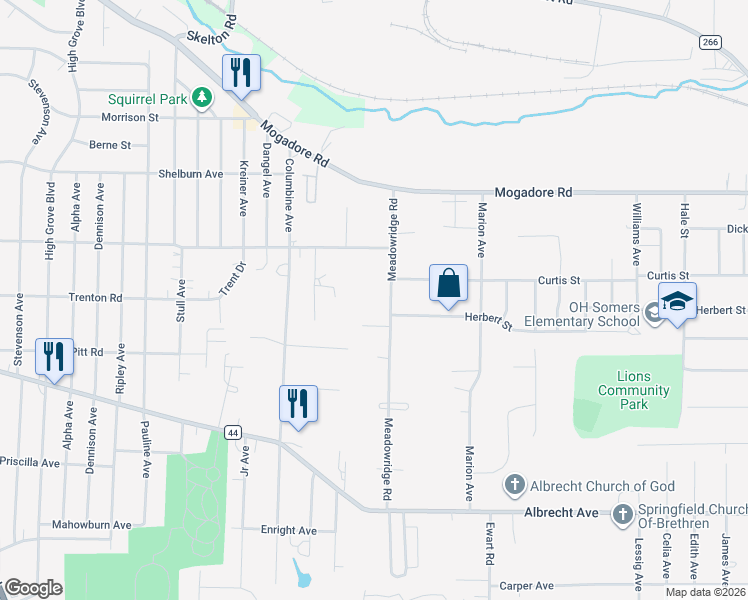 map of restaurants, bars, coffee shops, grocery stores, and more near 121 Meadowridge Road in Mogadore