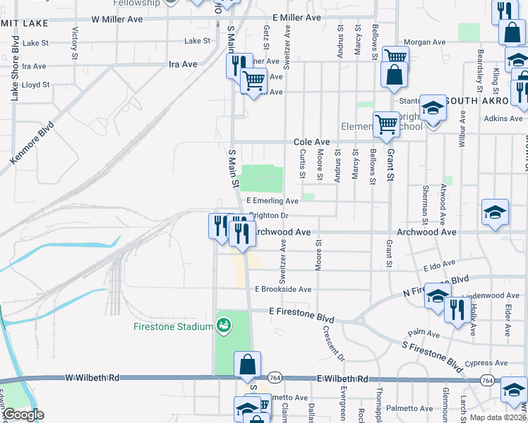 map of restaurants, bars, coffee shops, grocery stores, and more near 25 Brighton Drive in Akron