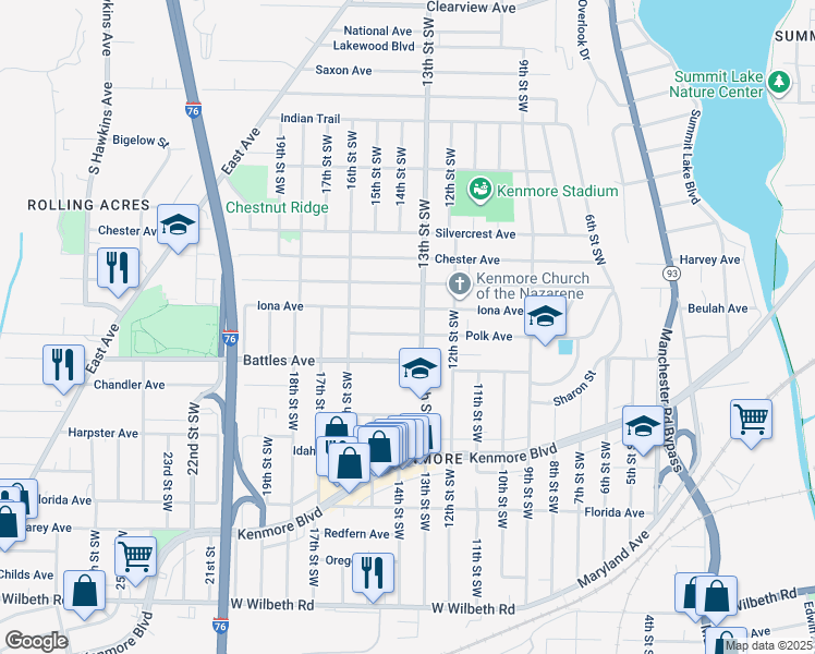 map of restaurants, bars, coffee shops, grocery stores, and more near 845 Polk Ave in Akron