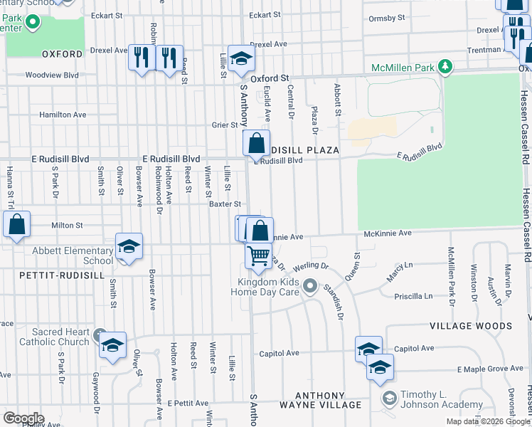 map of restaurants, bars, coffee shops, grocery stores, and more near 4121 South Anthony Boulevard in Fort Wayne