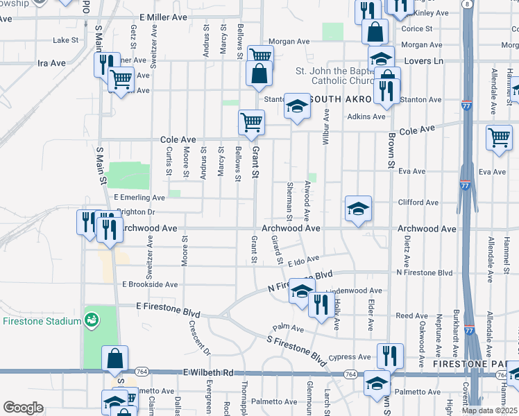 map of restaurants, bars, coffee shops, grocery stores, and more near 1293 Grant Street in Akron
