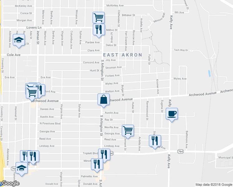 map of restaurants, bars, coffee shops, grocery stores, and more near 1060 Welton Avenue in Akron