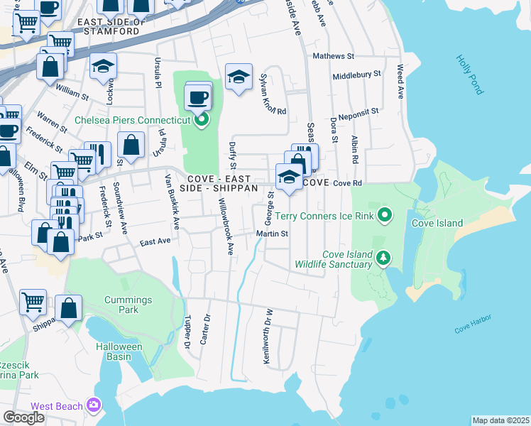 map of restaurants, bars, coffee shops, grocery stores, and more near 37 George Street in Stamford