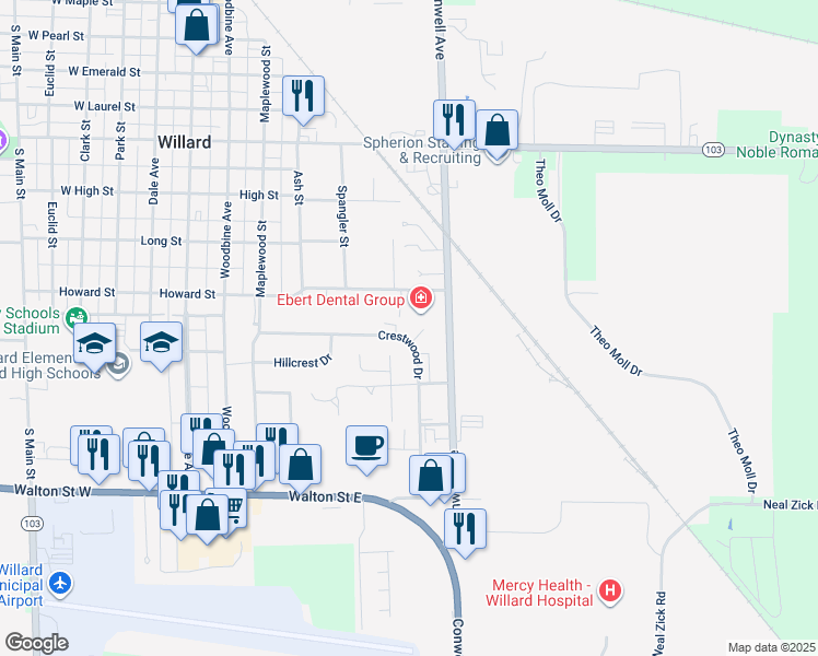 map of restaurants, bars, coffee shops, grocery stores, and more near 109 Crestwood Drive in Willard