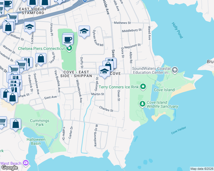 map of restaurants, bars, coffee shops, grocery stores, and more near 44 Horton Street in Stamford