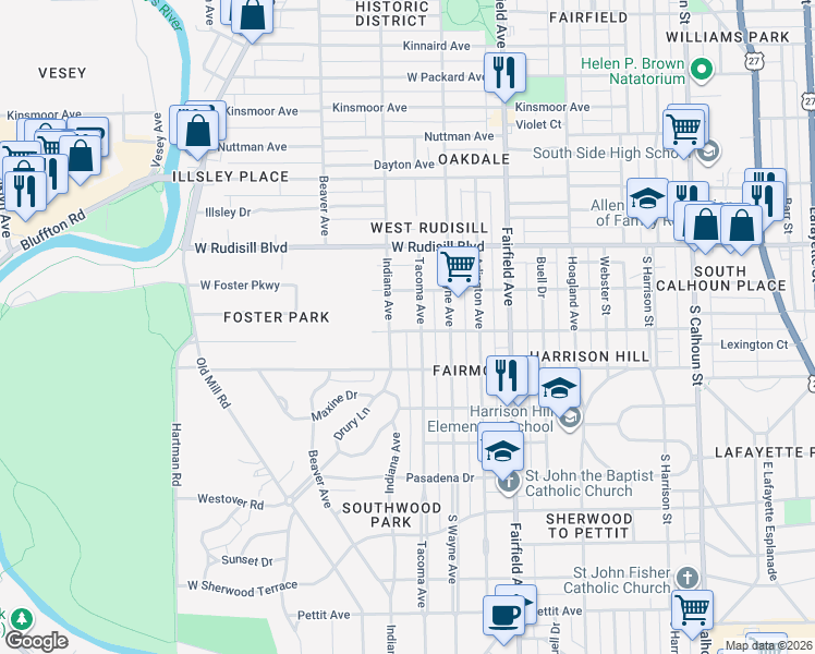 map of restaurants, bars, coffee shops, grocery stores, and more near 812 West Branning Avenue in Fort Wayne