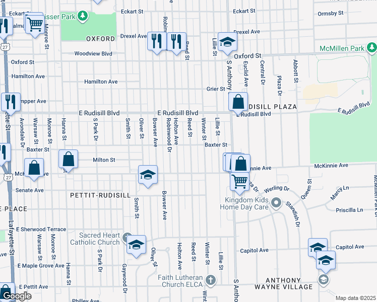 map of restaurants, bars, coffee shops, grocery stores, and more near 4114 Reed Street in Fort Wayne