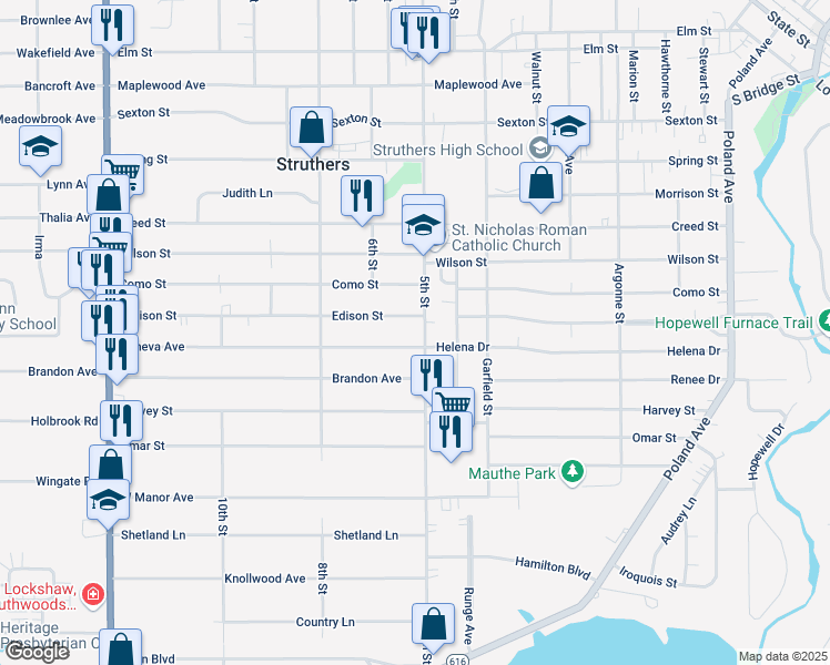 map of restaurants, bars, coffee shops, grocery stores, and more near 865 5th Street in Struthers