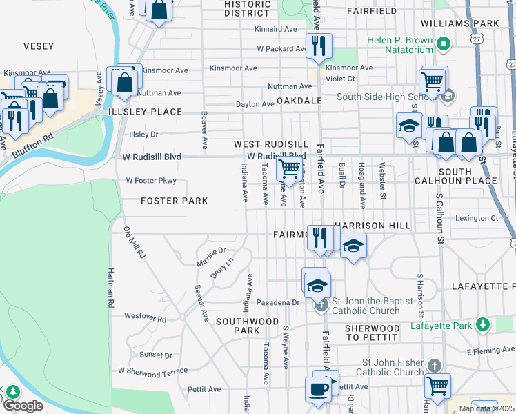 map of restaurants, bars, coffee shops, grocery stores, and more near 812 West Branning Avenue in Fort Wayne