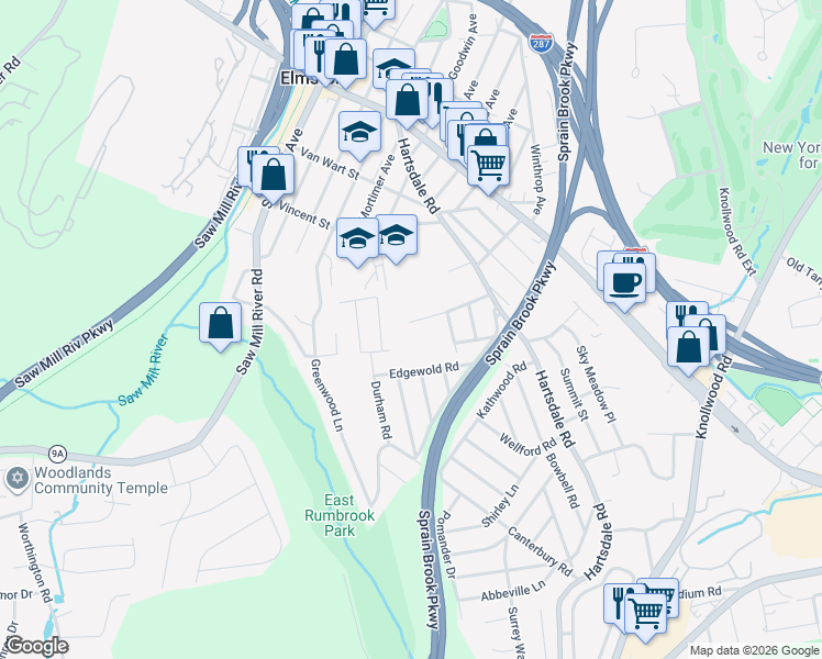 map of restaurants, bars, coffee shops, grocery stores, and more near 29 Poplar Street in Elmsford