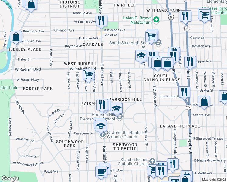 map of restaurants, bars, coffee shops, grocery stores, and more near 425 West Branning Avenue in Fort Wayne