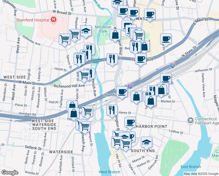 map of restaurants, bars, coffee shops, grocery stores, and more near 600 Washington Boulevard in Stamford