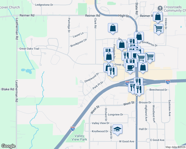 map of restaurants, bars, coffee shops, grocery stores, and more near 222 Deepwood Drive in Wadsworth