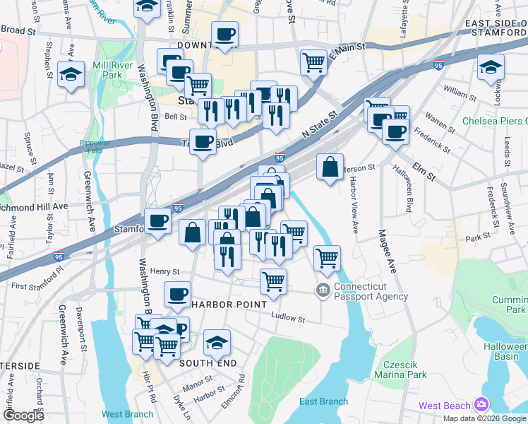map of restaurants, bars, coffee shops, grocery stores, and more near 18 Dock Street in Stamford