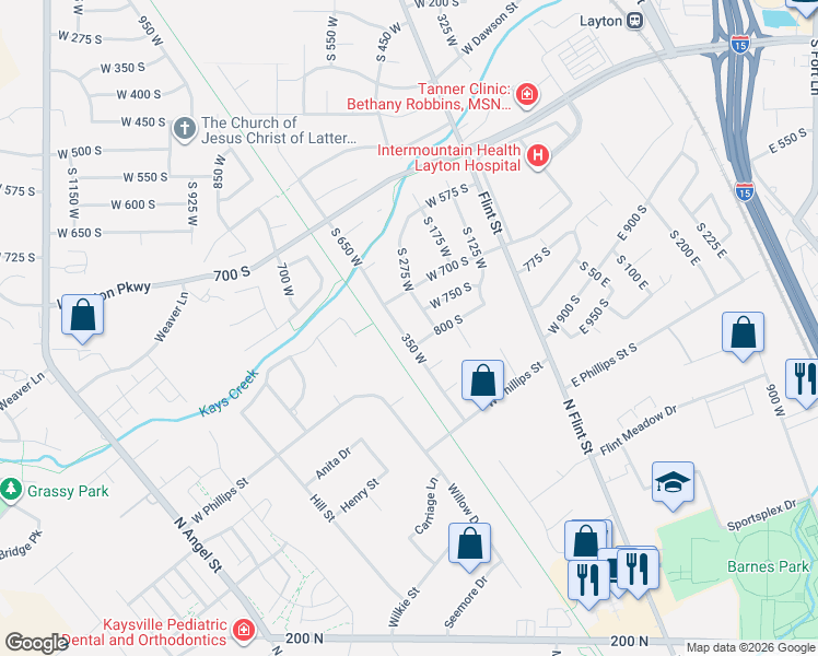 map of restaurants, bars, coffee shops, grocery stores, and more near 769 South 350 West in Layton