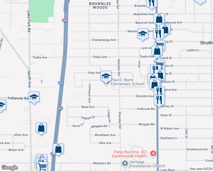 map of restaurants, bars, coffee shops, grocery stores, and more near 1825 Sequoya Drive in Youngstown
