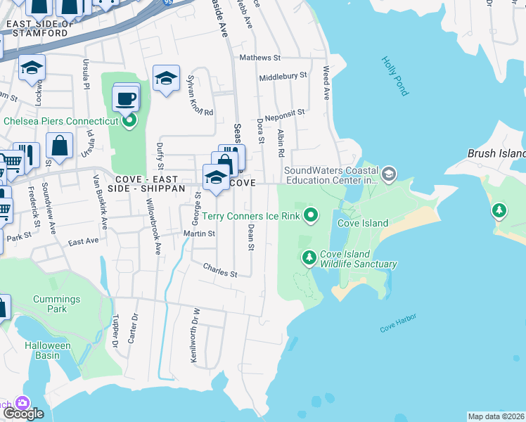 map of restaurants, bars, coffee shops, grocery stores, and more near 40 Euclid Avenue in Stamford