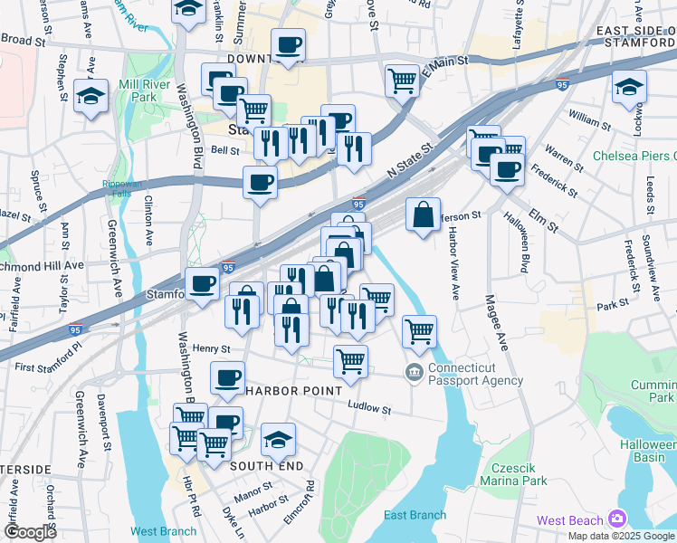 map of restaurants, bars, coffee shops, grocery stores, and more near 50 John Street in Stamford