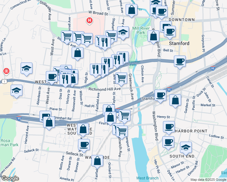 map of restaurants, bars, coffee shops, grocery stores, and more near 28 Perry Street in Stamford