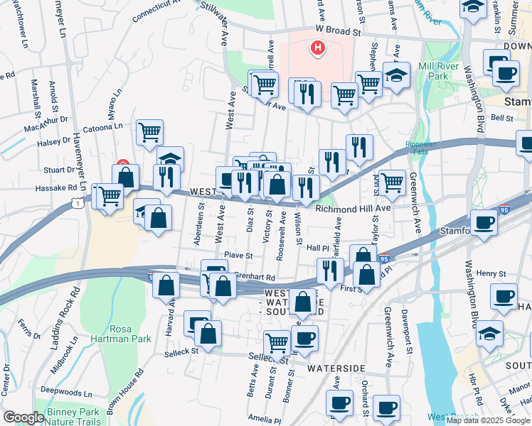 map of restaurants, bars, coffee shops, grocery stores, and more near 19 Victory Street in Stamford