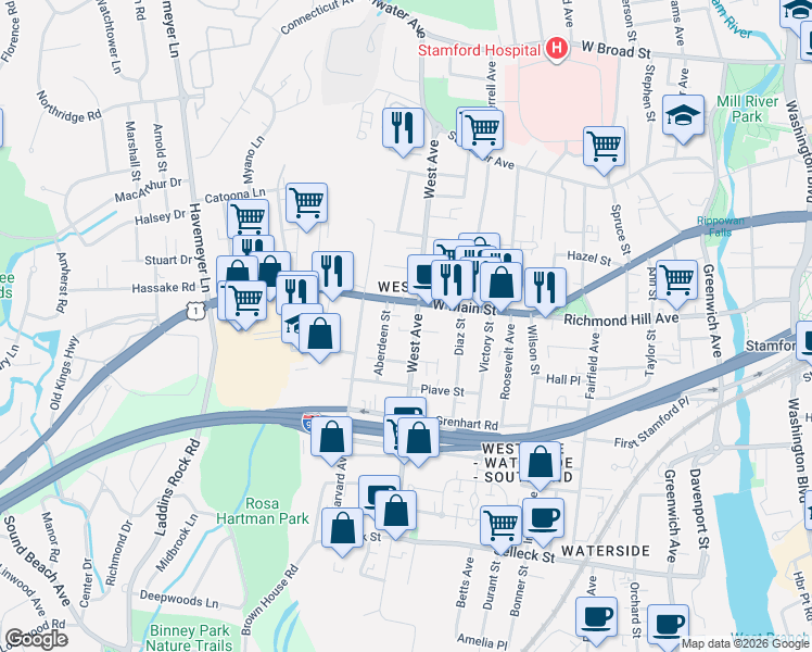 map of restaurants, bars, coffee shops, grocery stores, and more near 177 West Avenue in Stamford